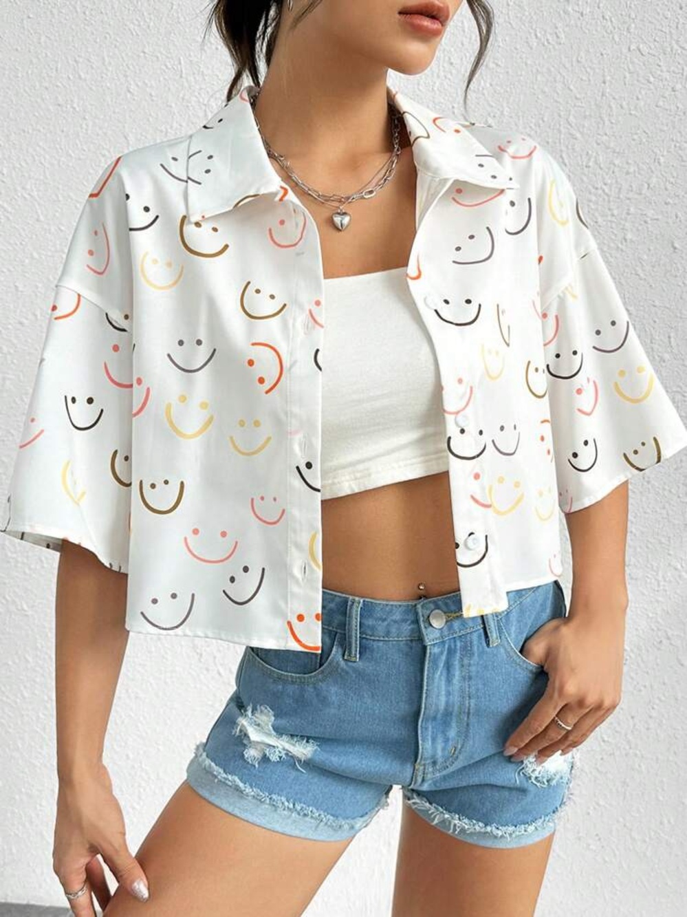 Cropped Oversized White Smiley Print Button-Up Shirt
